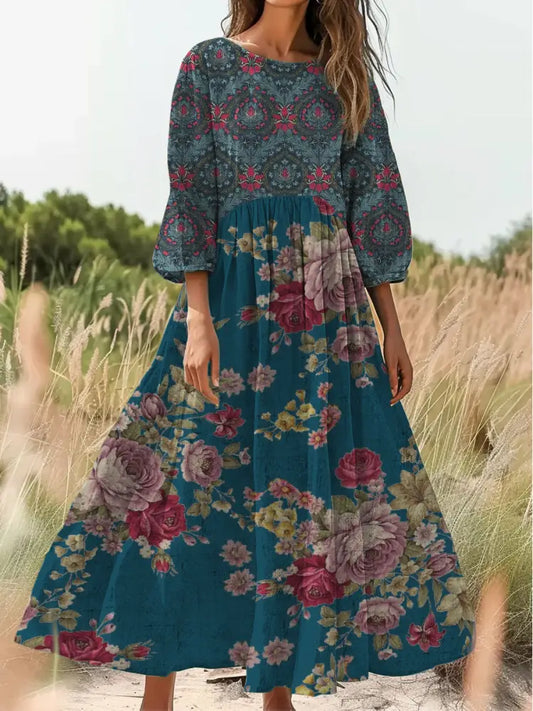 Retro Boho Floral Print Vintage Chic Round Neck Cotton Long Sleeve Midi Dress