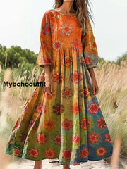 Retro Boho Floral Print Vintage Chic Round Neck Cotton Long Sleeve Midi Dress