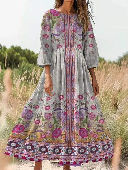 Retro Boho Floral Print Vintage Chic Round Neck Cotton Long Sleeve Midi Dress A / S