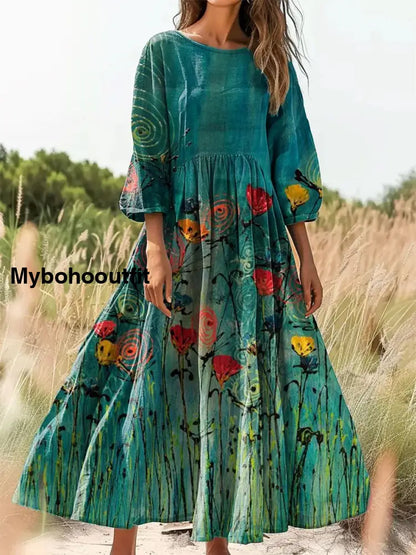 Retro Boho Floral Print Vintage Chic Round Neck Cotton Long Sleeve Midi Dress A / S