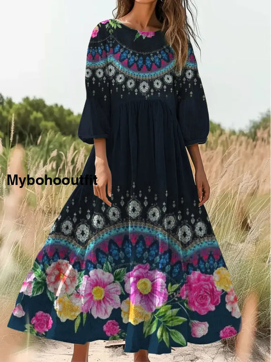 Retro Boho Floral Print Vintage Chic Round Neck Cotton Long Sleeve Midi Dress A / S