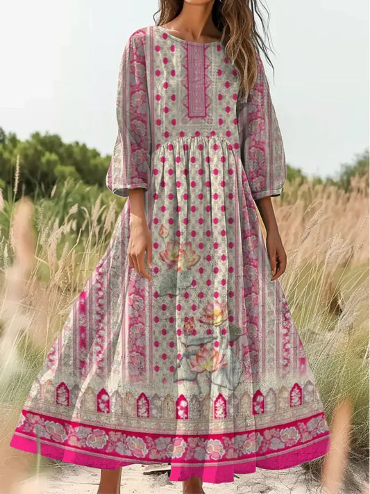 Retro Boho Floral Print Vintage Chic Round Neck Cotton Long Sleeve Midi Dress A / S