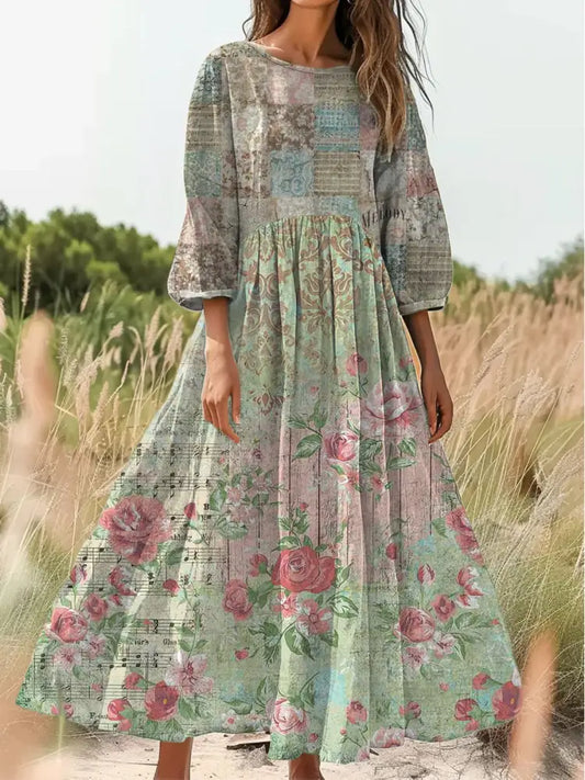 Retro Boho Floral Print Vintage Chic Round Neck Cotton Long Sleeve Midi Dress A / S