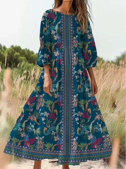Retro Boho Floral Print Vintage Chic Round Neck Cotton Long Sleeve Midi Dress A / S
