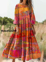 Retro Boho Floral Print Vintage Chic Round Neck Cotton Long Sleeve Midi Dress A / S