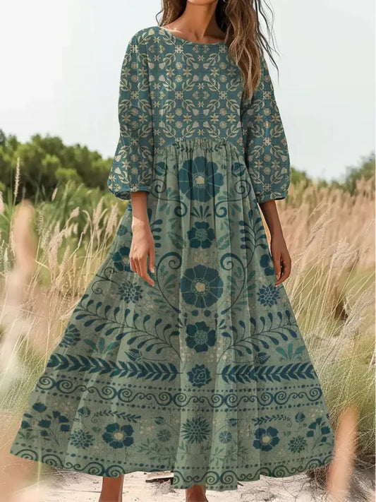 Retro Boho Floral Print Vintage Chic Round Neck Cotton Long Sleeve Midi Dress A / S