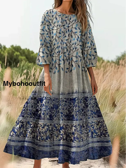 Retro Boho Floral Print Vintage Chic Round Neck Cotton Long Sleeve Midi Dress A / S