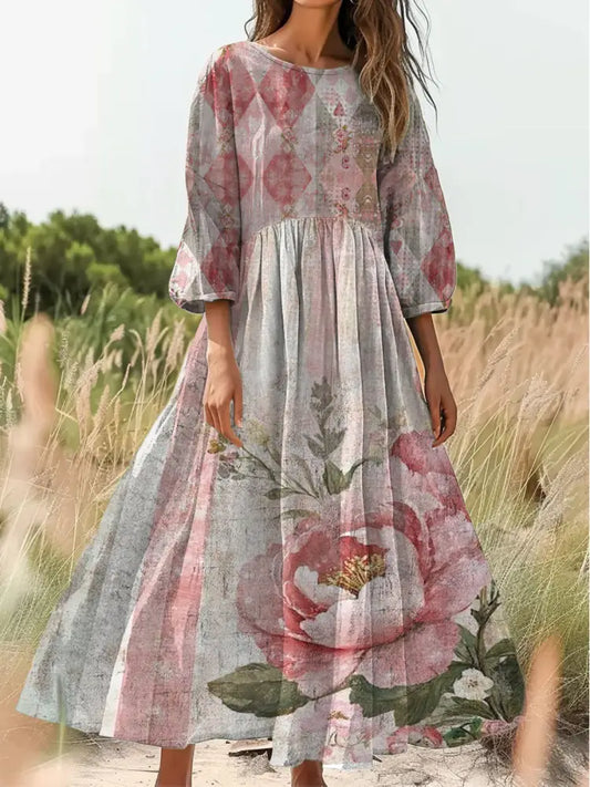 Retro Boho Floral Print Vintage Chic Round Neck Cotton Long Sleeve Midi Dress A / S