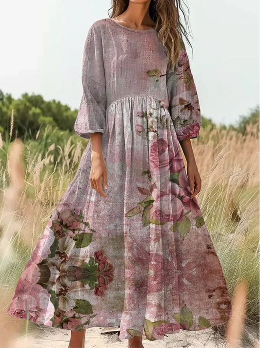 Retro Boho Floral Print Vintage Chic Round Neck Cotton Long Sleeve Midi Dress A / S