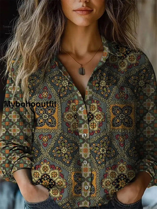 Retro Boho Floral Print Vintage Chic V-Neck Button Up Long Sleeve Shirt A / S
