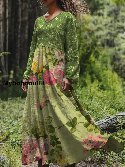 Retro Boho Floral Print Vintage Chic V-Neck Cotton Long Sleeve Midi Dress A / S