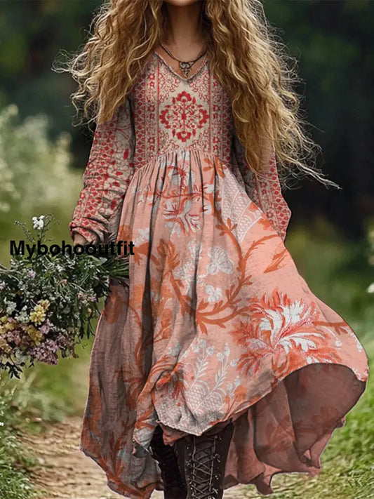 Retro Boho Floral Print Vintage Chic V-Neck Cotton Long Sleeve Midi Dress A / S