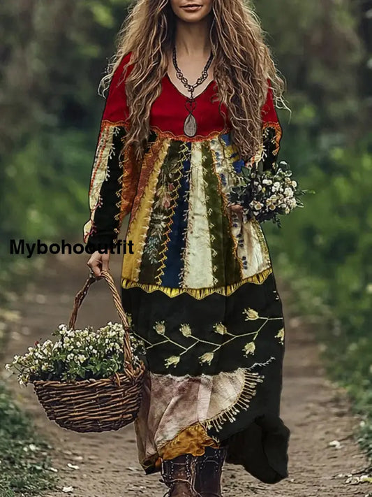 Retro Boho Floral Print Vintage Chic V-Neck Cotton Long Sleeve Midi Dress A / S