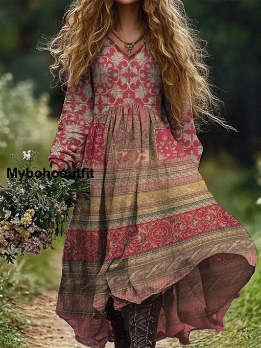 Retro Boho Floral Print Vintage Chic V-Neck Cotton Long Sleeve Midi Dress A / S