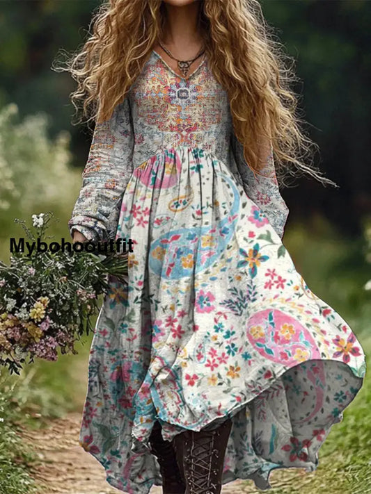 Retro Boho Floral Print Vintage Chic V-Neck Cotton Long Sleeve Midi Dress A / S