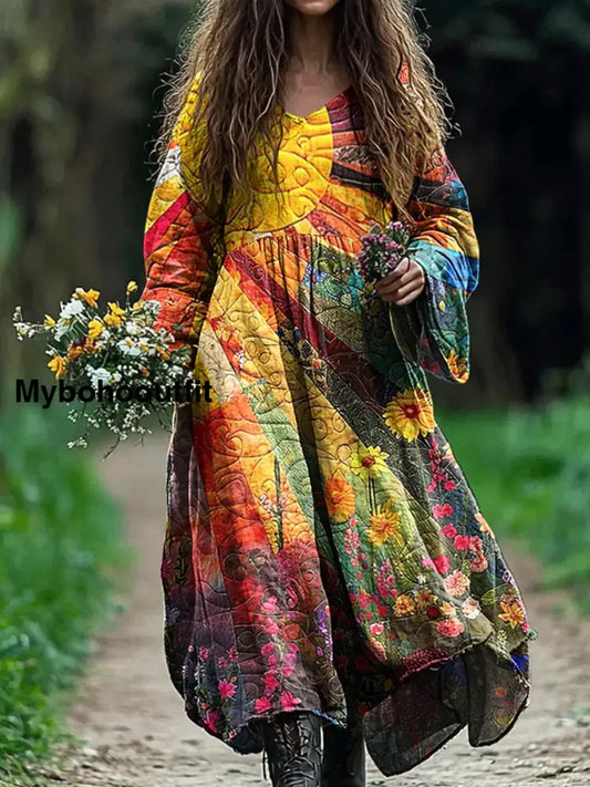 Retro Boho Floral Print Vintage Chic V-Neck Cotton Long Sleeve Midi Dress A / S