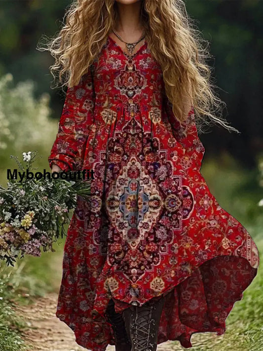 Retro Boho Floral Print Vintage Chic V-Neck Cotton Long Sleeve Midi Dress A / S