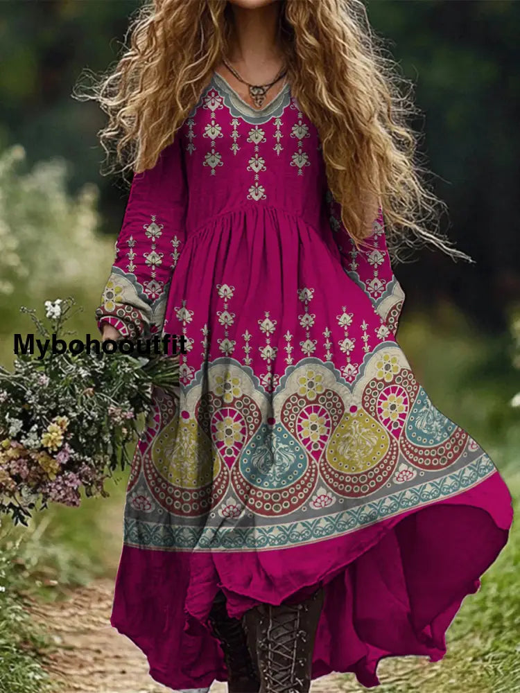 Retro Boho Floral Print Vintage Chic V-Neck Cotton Long Sleeve Midi Dress A / S