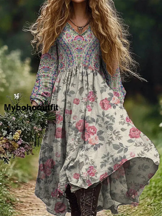 Retro Boho Floral Print Vintage Chic V-Neck Cotton Long Sleeve Midi Dress A / S