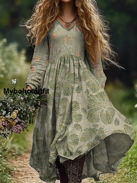 Retro Boho Floral Print Vintage Chic V-Neck Cotton Long Sleeve Midi Dress A / S