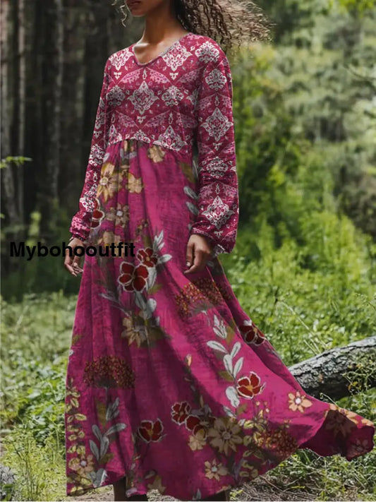 Retro Boho Floral Print Vintage Chic V-Neck Cotton Long Sleeve Midi Dress A / S