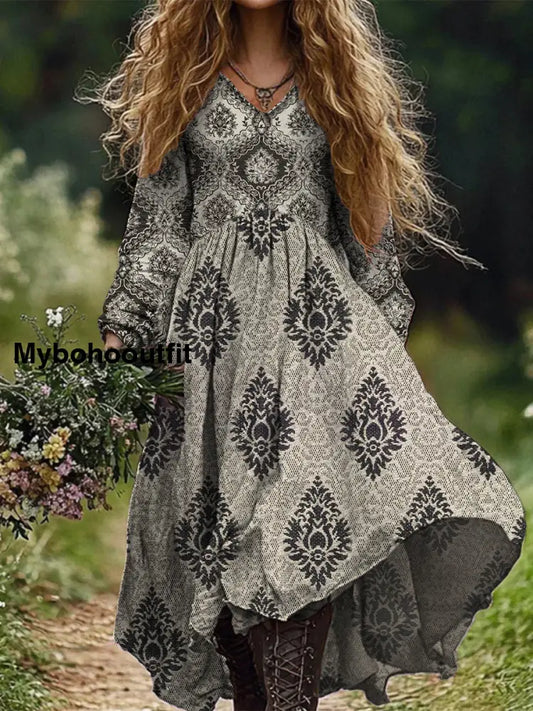 Retro Boho Floral Print Vintage Chic V-Neck Cotton Long Sleeve Midi Dress A / S