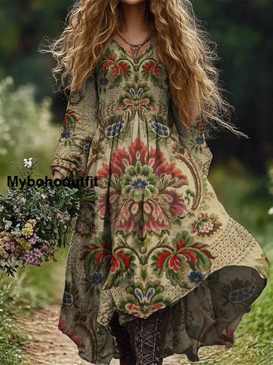 Retro Boho Floral Print Vintage Chic V-Neck Cotton Long Sleeve Midi Dress A / S