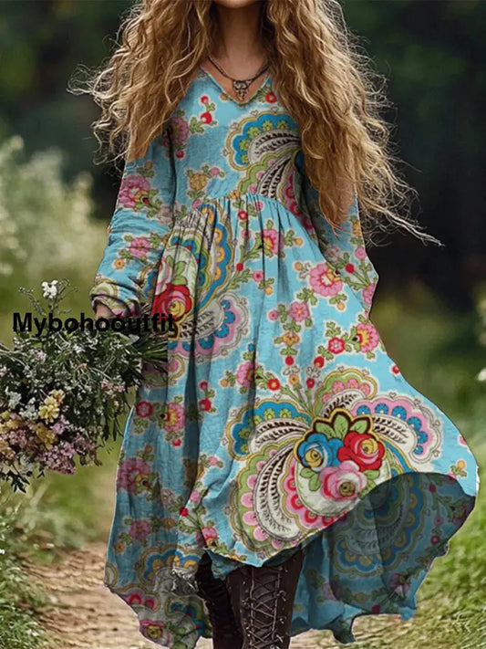 Retro Boho Floral Print Vintage Chic V-Neck Cotton Long Sleeve Midi Dress A / S
