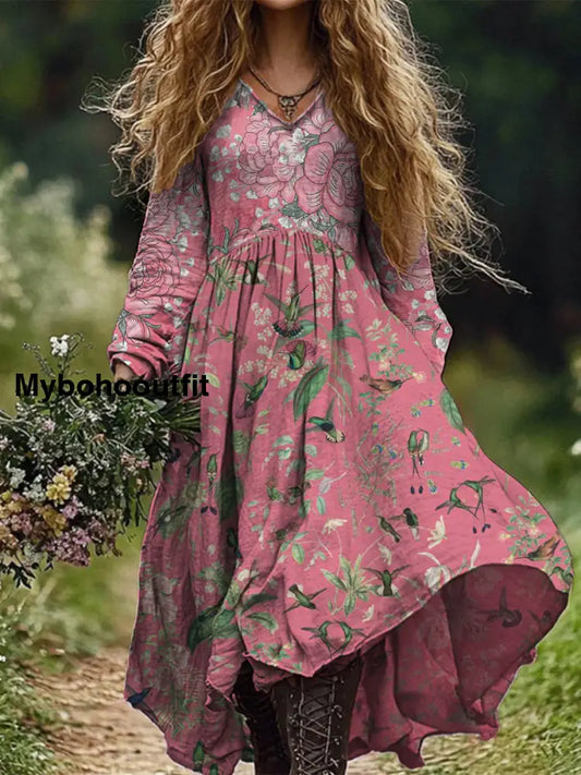 Retro Boho Floral Print Vintage Chic V-Neck Cotton Long Sleeve Midi Dress A / S