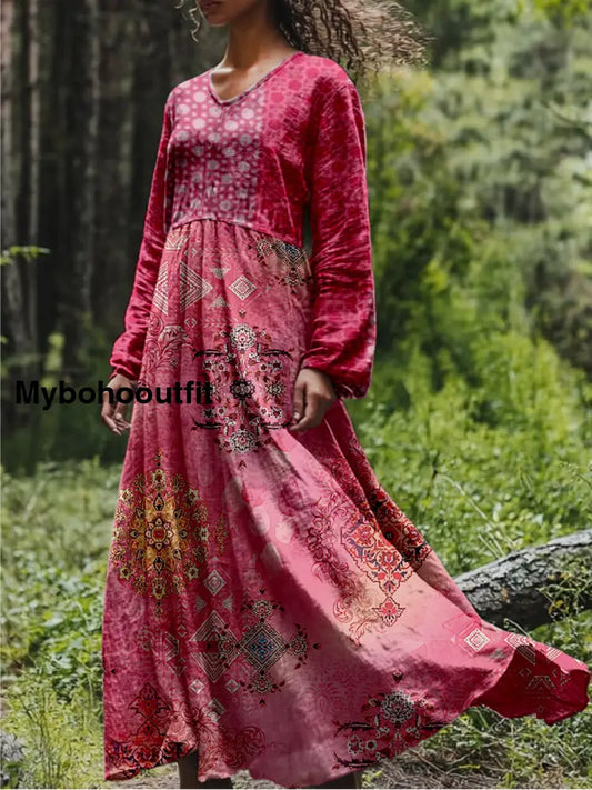 Retro Boho Floral Print Vintage Chic V-Neck Cotton Long Sleeve Midi Dress A / S
