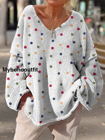 Retro Boho Floral Print Vintage Loose Chic V-Neck Long Sleeve Thick Knit Sweater A / S