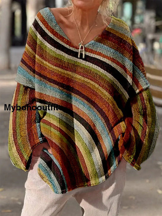 Retro Boho Floral Print Vintage Loose Chic V-Neck Long Sleeve Thick Knit Sweater A / S