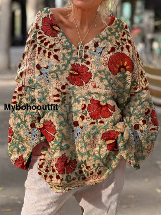 Retro Boho Floral Print Vintage Loose Chic V-Neck Long Sleeve Thick Knit Sweater A / S