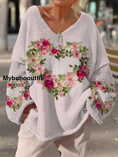 Retro Boho Floral Print Vintage Loose Chic V-Neck Long Sleeve Thick Knit Sweater A / S