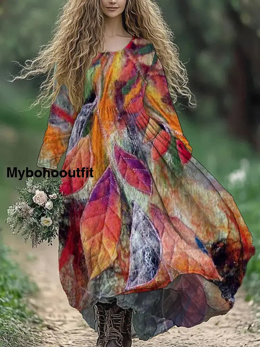 Retro Boho Floral Print Vintage Round Neck Double Hemline Cotton Long Sleeve Midi Dress A / S