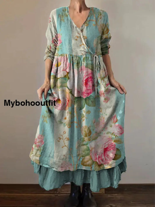 Retro Boho Floral Print Vintage V-Neck Double Hemline Cotton Long Sleeve Midi Dress A / S