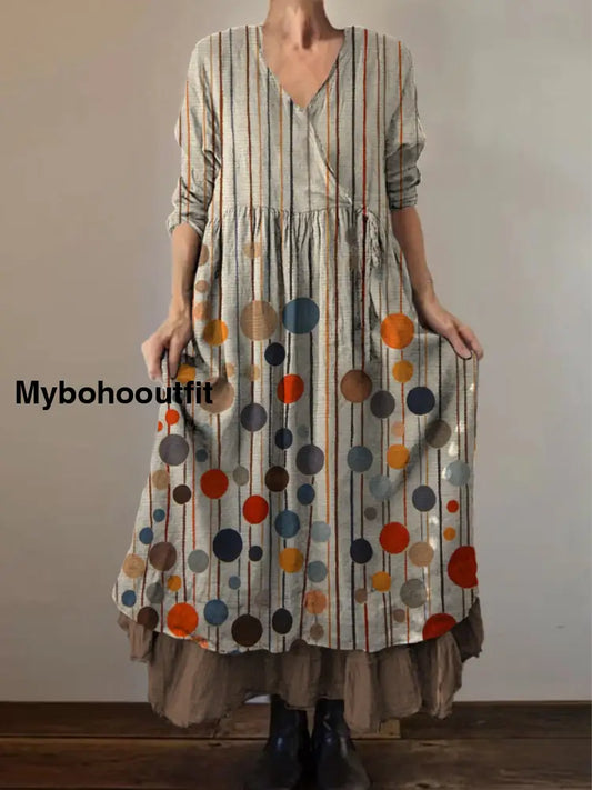 Retro Boho Floral Print Vintage V-Neck Double Hemline Cotton Long Sleeve Midi Dress A / S