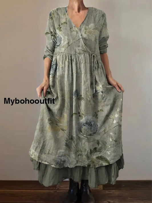 Retro Boho Floral Print Vintage V-Neck Double Hemline Cotton Long Sleeve Midi Dress A / S
