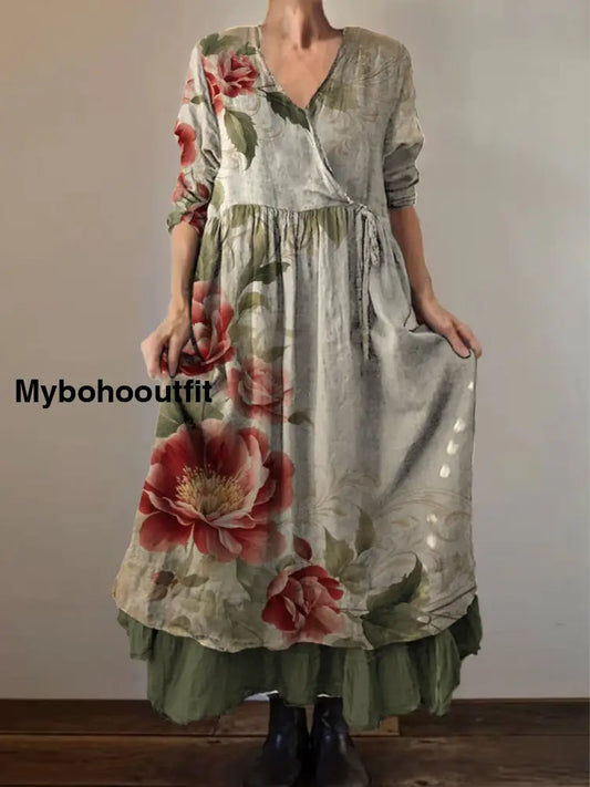 Retro Boho Floral Print Vintage V-Neck Double Hemline Cotton Long Sleeve Midi Dress A / S