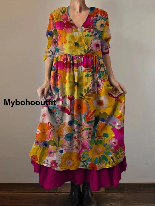 Retro Boho Floral Print Vintage V-Neck Double Hemline Cotton Long Sleeve Midi Dress A / S