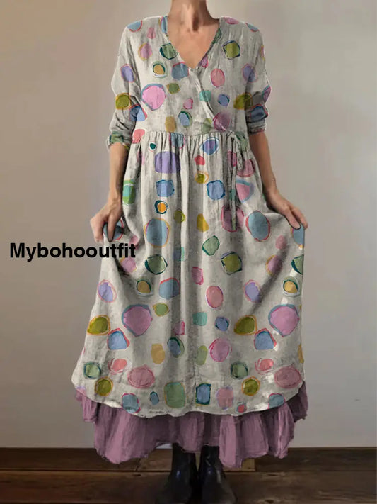 Retro Boho Floral Print Vintage V-Neck Double Hemline Cotton Long Sleeve Midi Dress A / S