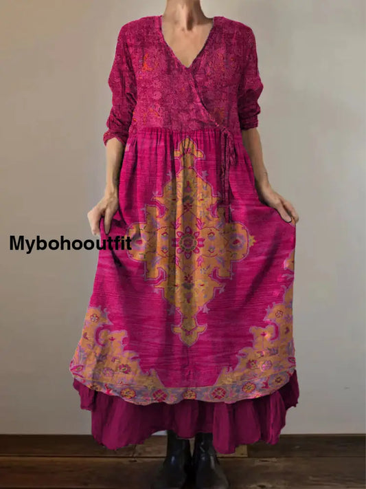Retro Boho Floral Print Vintage V-Neck Double Hemline Cotton Long Sleeve Midi Dress A / S