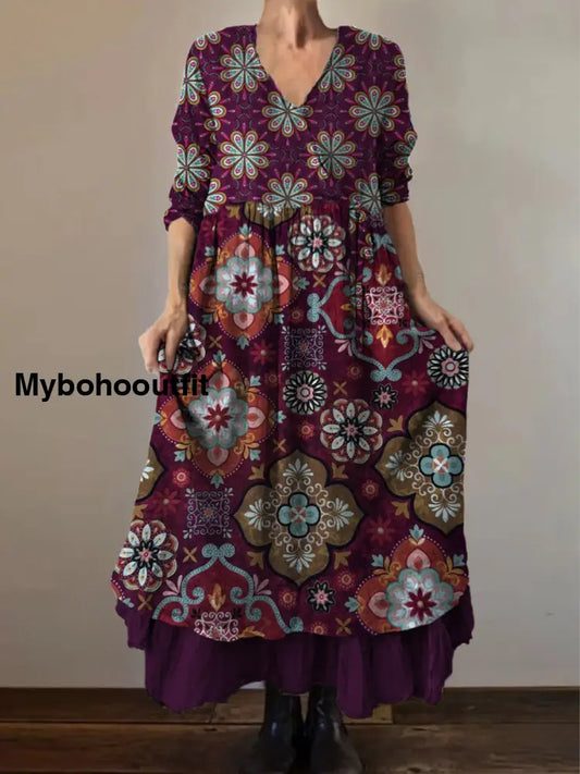 Retro Boho Floral Print Vintage V-Neck Double Hemline Cotton Long Sleeve Midi Dress A / S