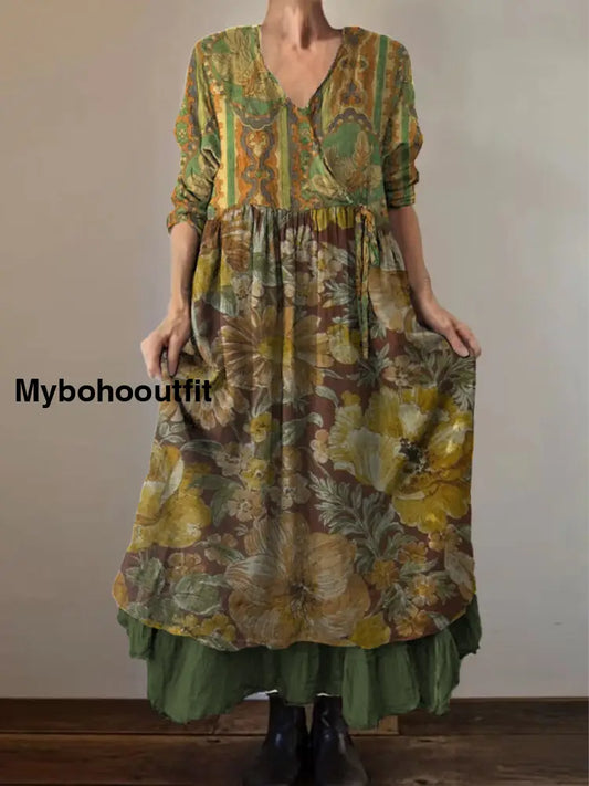 Retro Boho Floral Print Vintage V-Neck Double Hemline Cotton Long Sleeve Midi Dress A / S