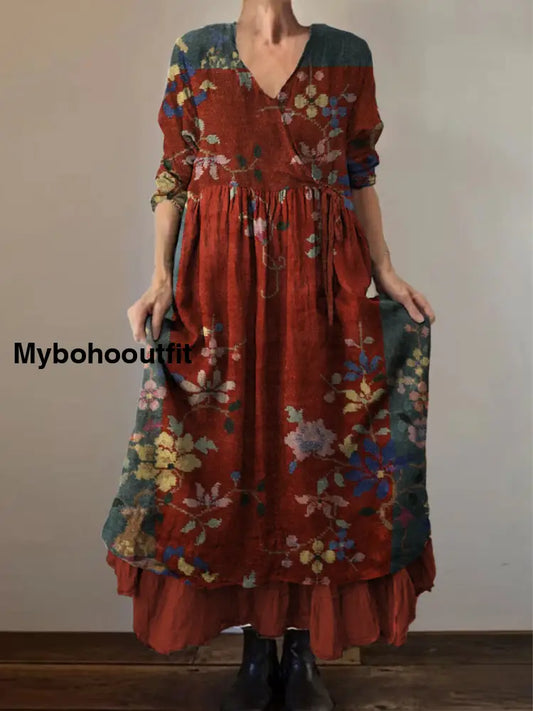 Retro Boho Floral Print Vintage V-Neck Double Hemline Cotton Long Sleeve Midi Dress A / S
