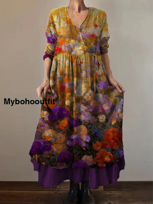 Retro Boho Floral Print Vintage V-Neck Double Hemline Cotton Long Sleeve Midi Dress A / S