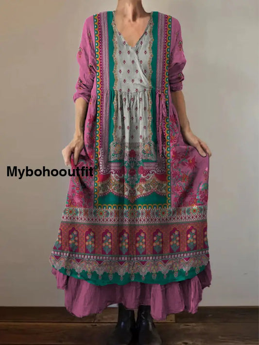 Retro Boho Floral Print Vintage V-Neck Double Hemline Cotton Long Sleeve Midi Dress A / S