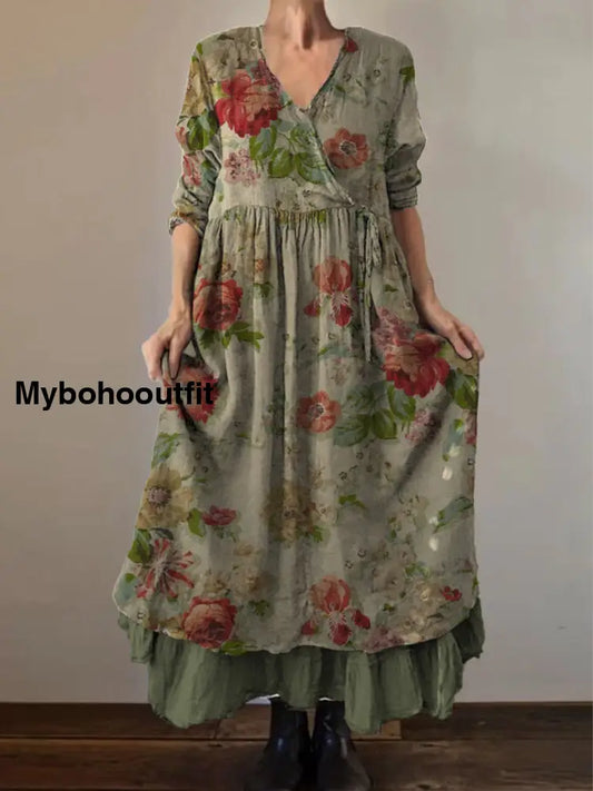 Retro Boho Floral Print Vintage V-Neck Double Hemline Cotton Long Sleeve Midi Dress A / S