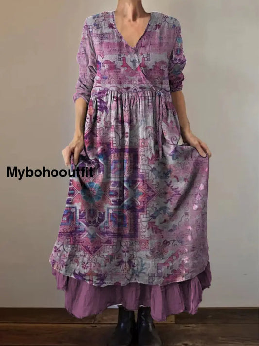 Retro Boho Floral Print Vintage V-Neck Double Hemline Cotton Long Sleeve Midi Dress A / S