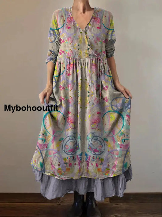Retro Boho Floral Print Vintage V-Neck Double Hemline Cotton Long Sleeve Midi Dress A / S